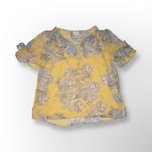 Liz Claiborn Yellow Semi-Sheer Blouse Floral Short Sleeve Size M
